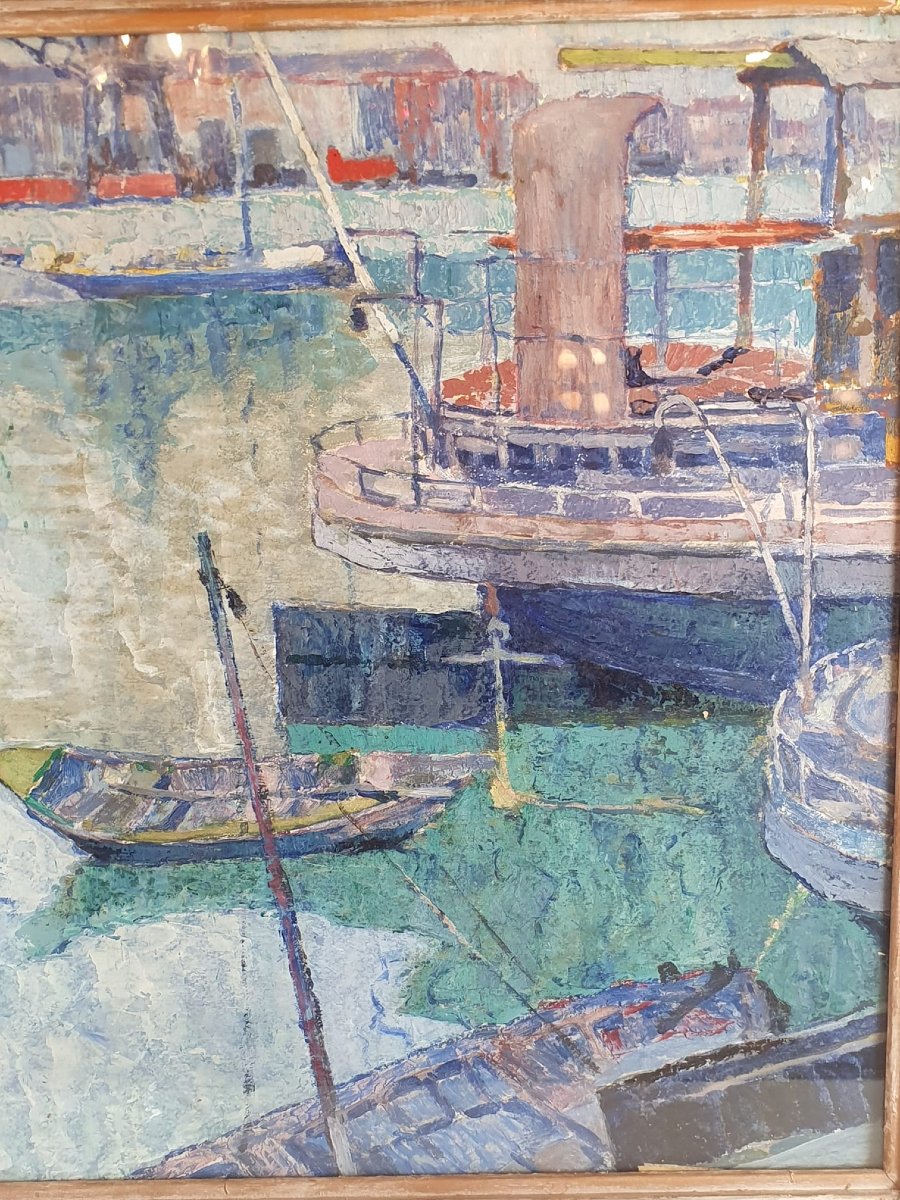 Londot Léon, Huile Sur Panneau "vue De Port" Vers 1920-photo-3
