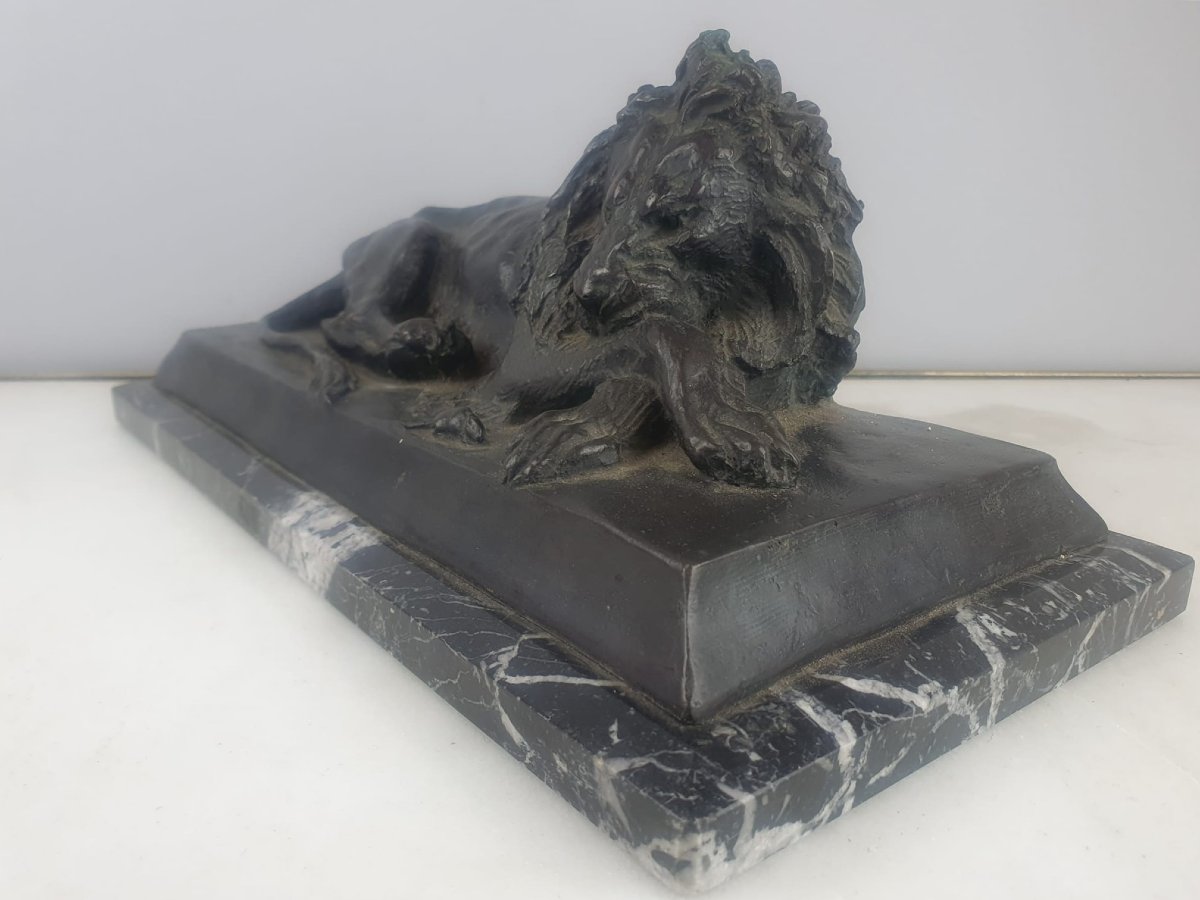 Bronze With Green Patina On Marble Base "lion And Mouse" Signed On The Base, Late 19th-photo-2