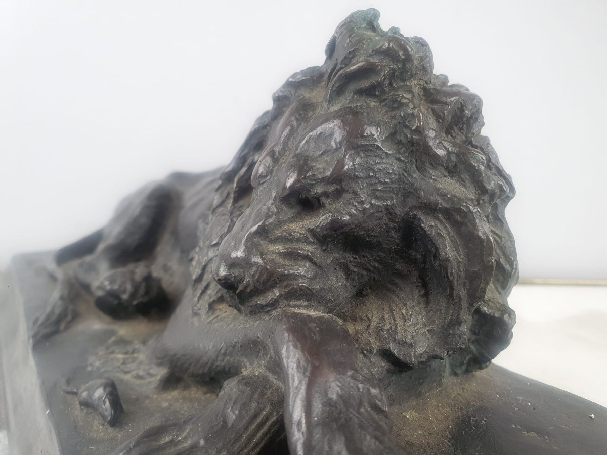 Bronze With Green Patina On Marble Base "lion And Mouse" Signed On The Base, Late 19th-photo-3