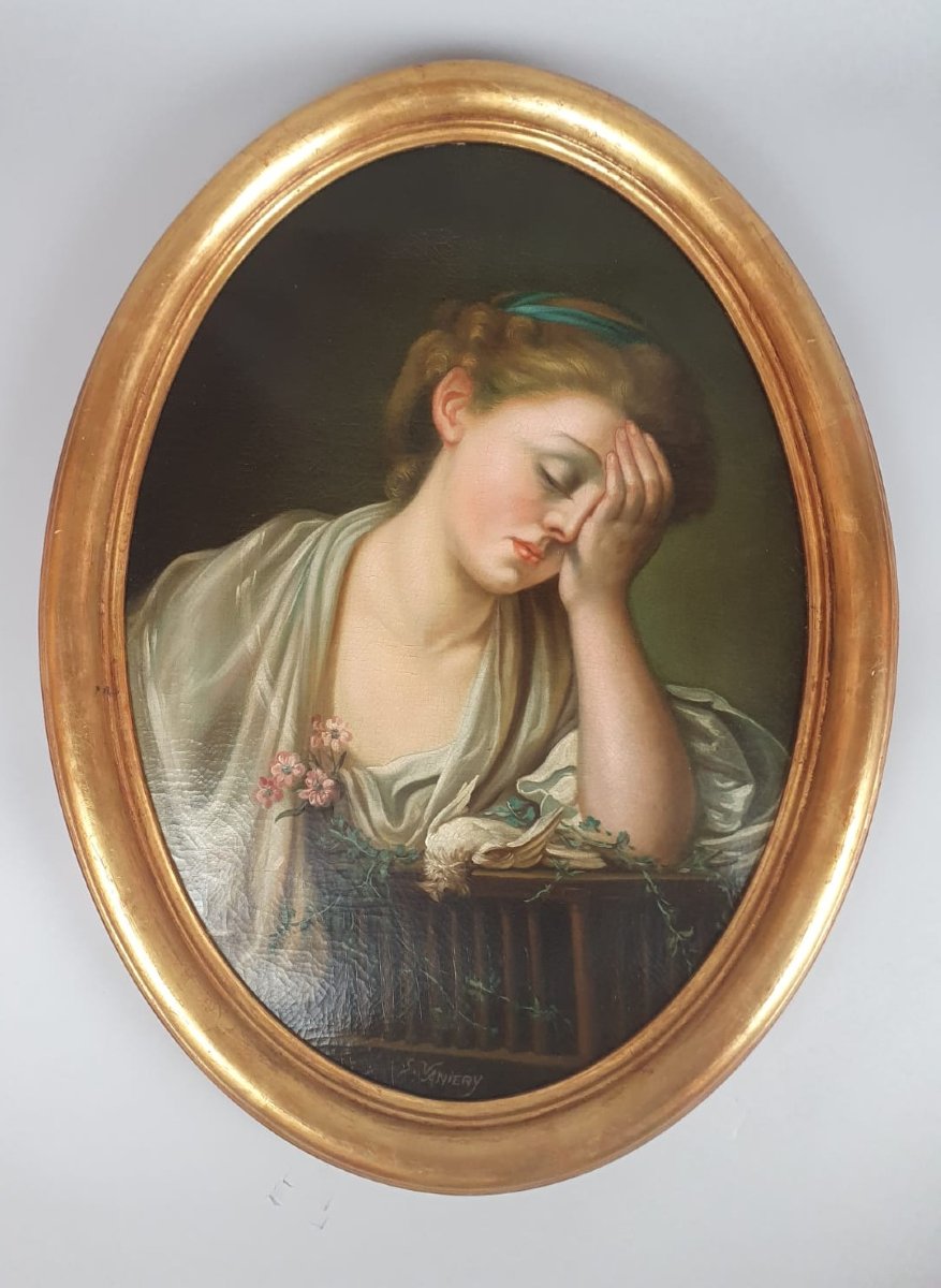 After Jean Batiste Gruze, Pair Of Oil On Canvas Medallion "portrait Of Young Girls" -photo-2