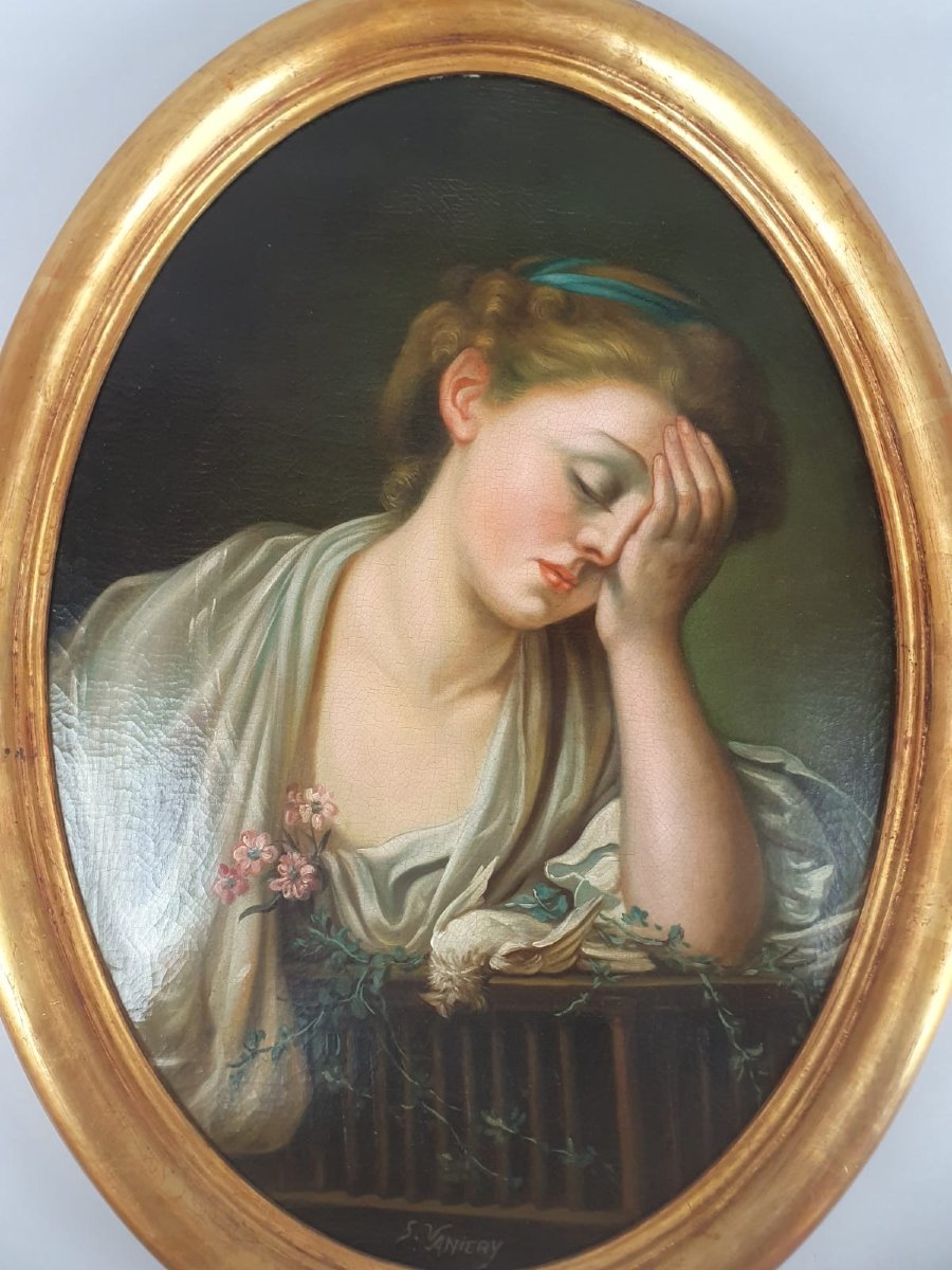 After Jean Batiste Gruze, Pair Of Oil On Canvas Medallion "portrait Of Young Girls" -photo-4