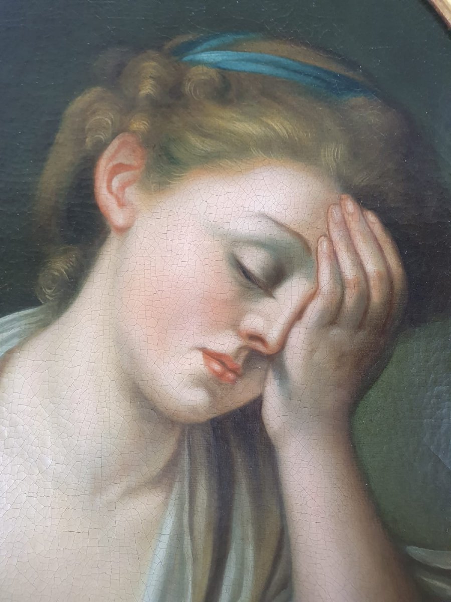After Jean Batiste Gruze, Pair Of Oil On Canvas Medallion "portrait Of Young Girls" -photo-3