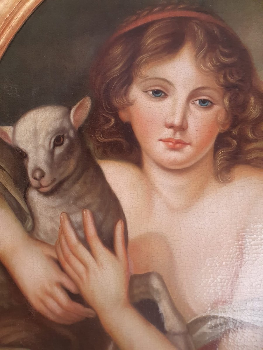 After Jean Batiste Gruze, Pair Of Oil On Canvas Medallion "portrait Of Young Girls" -photo-5
