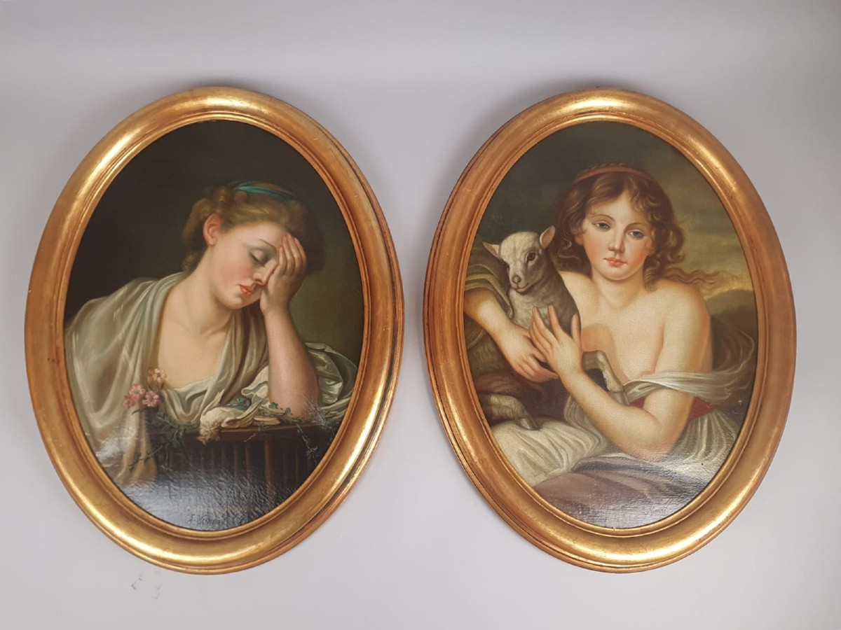 After Jean Batiste Gruze, Pair Of Oil On Canvas Medallion "portrait Of Young Girls" 