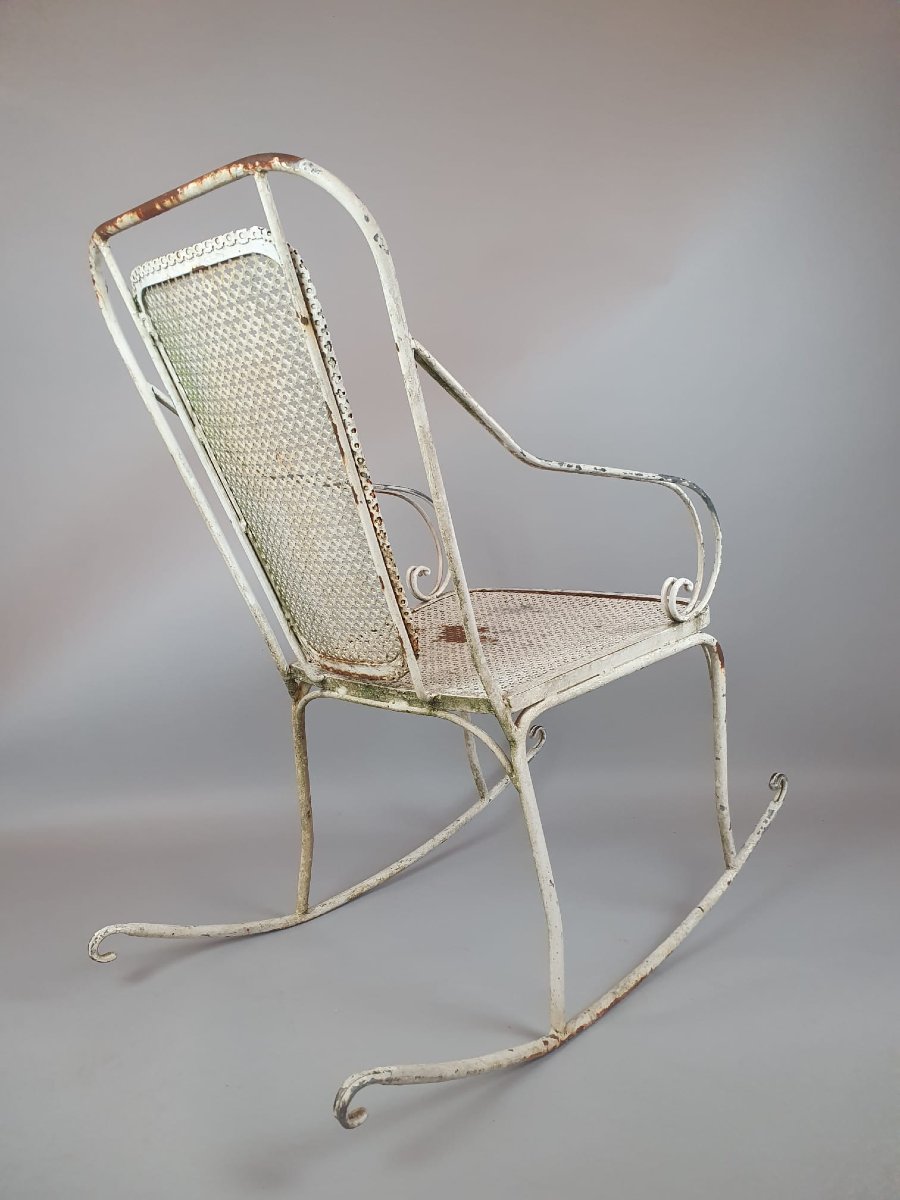 Paire De Rocking Chair En Fer Forgé Et Métal Perforé, Vers 1960-photo-4