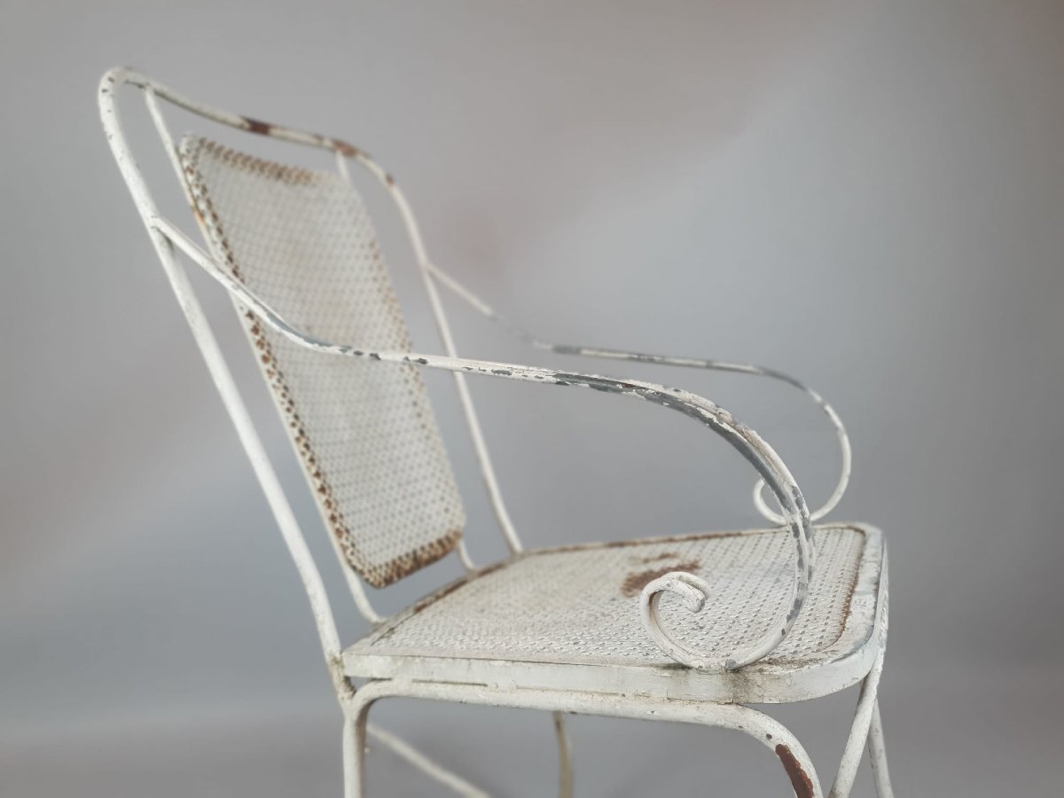 Paire De Rocking Chair En Fer Forgé Et Métal Perforé, Vers 1960-photo-5