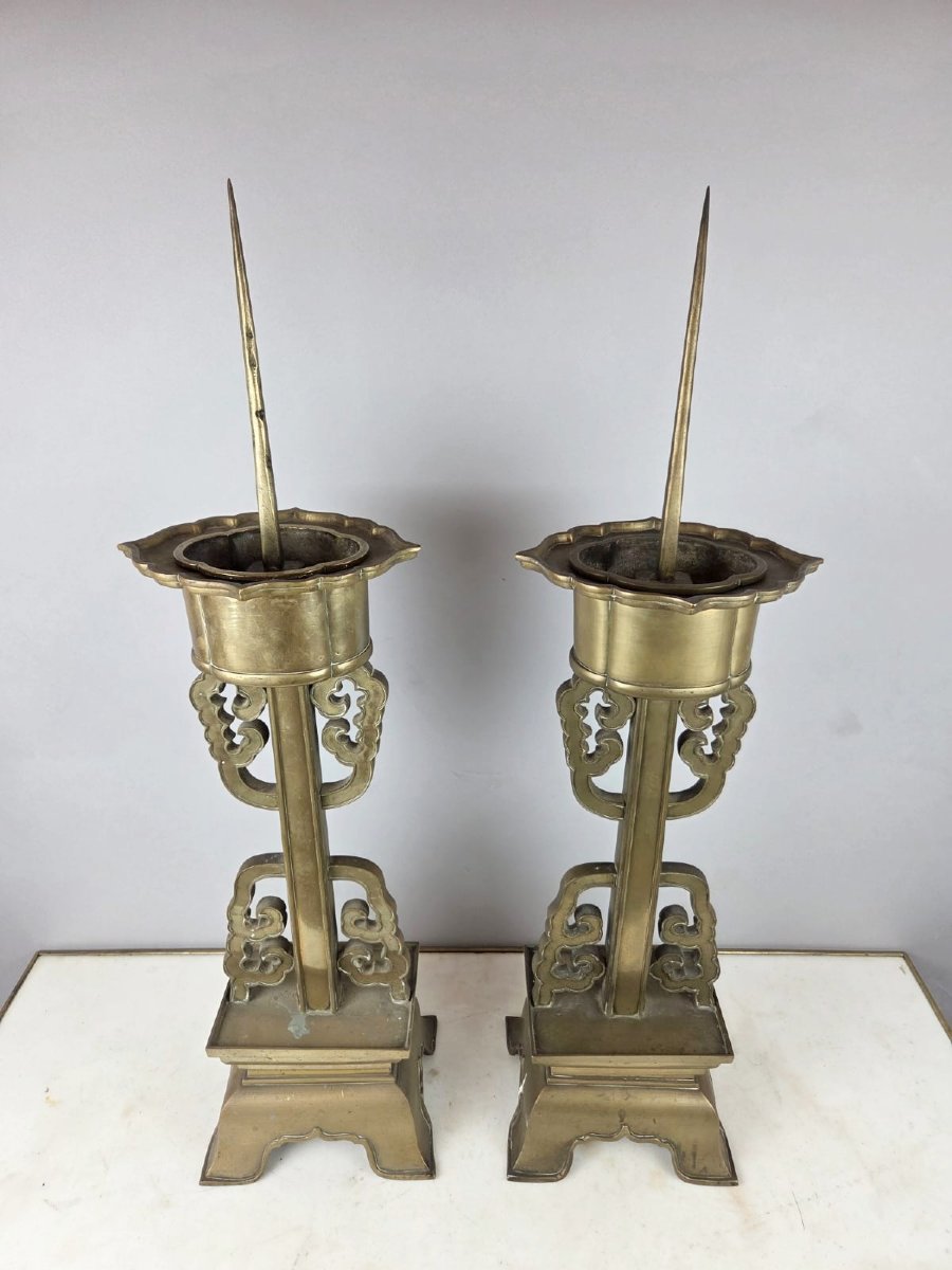 Pair Of Large Bronze Candlesticks, Chinese Work, Late 19th Century-photo-2
