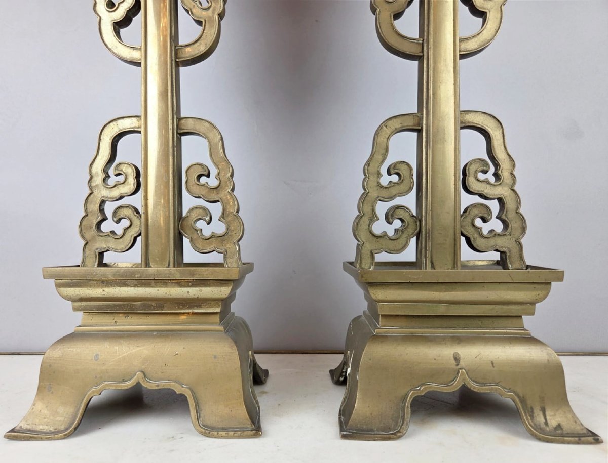 Pair Of Large Bronze Candlesticks, Chinese Work, Late 19th Century-photo-3