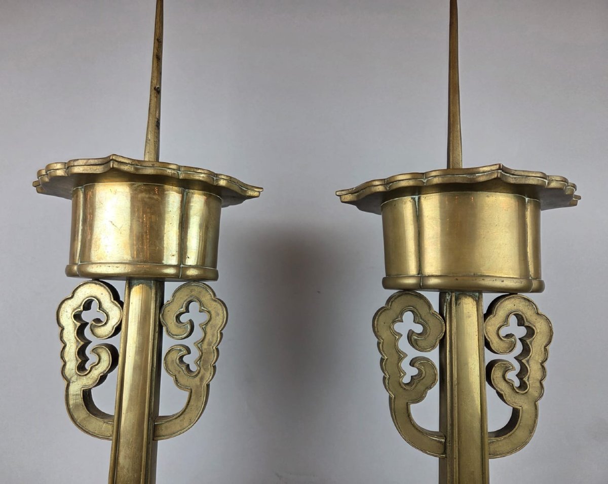 Pair Of Large Bronze Candlesticks, Chinese Work, Late 19th Century-photo-4