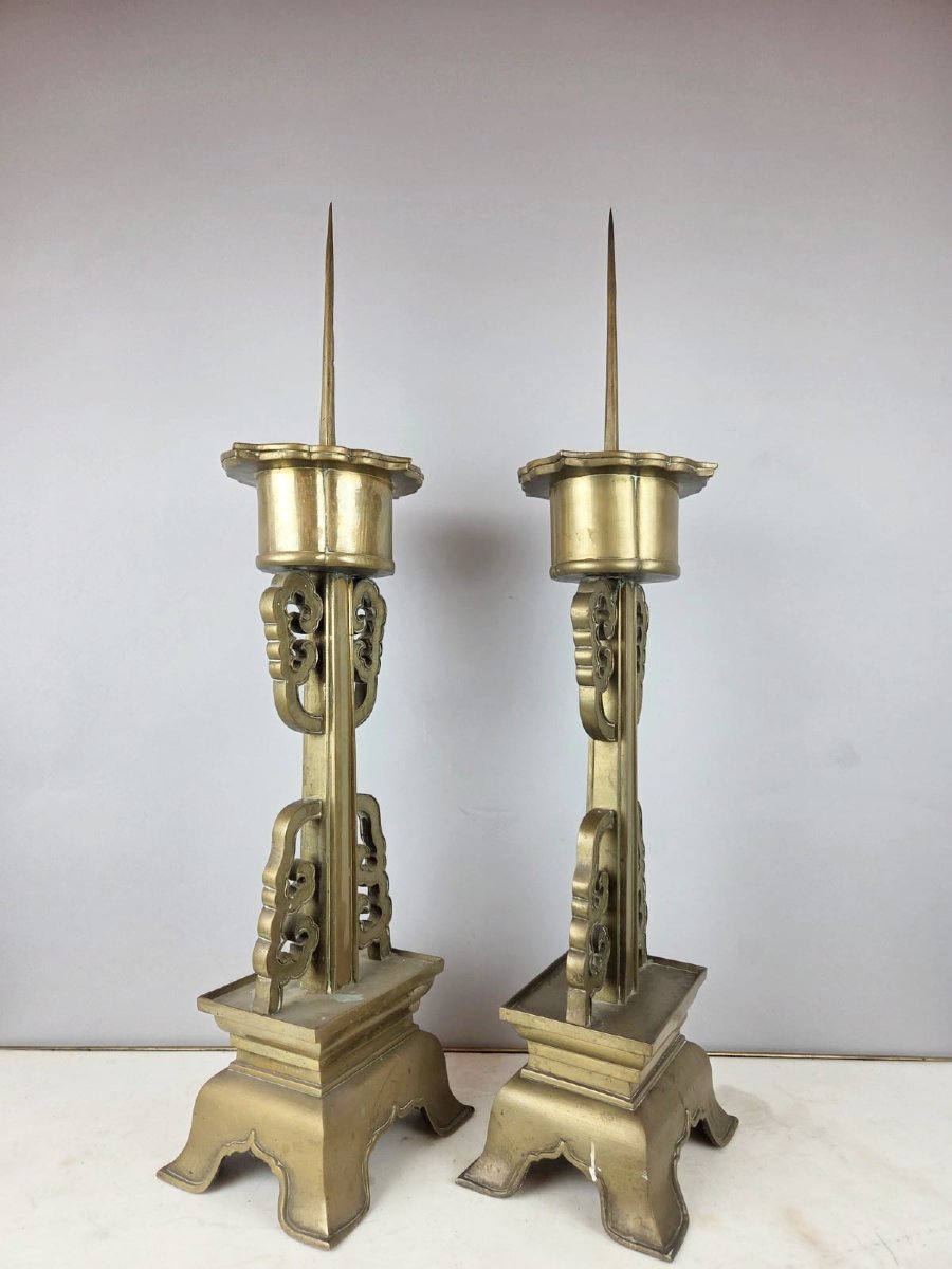 Pair Of Large Bronze Candlesticks, Chinese Work, Late 19th Century-photo-1