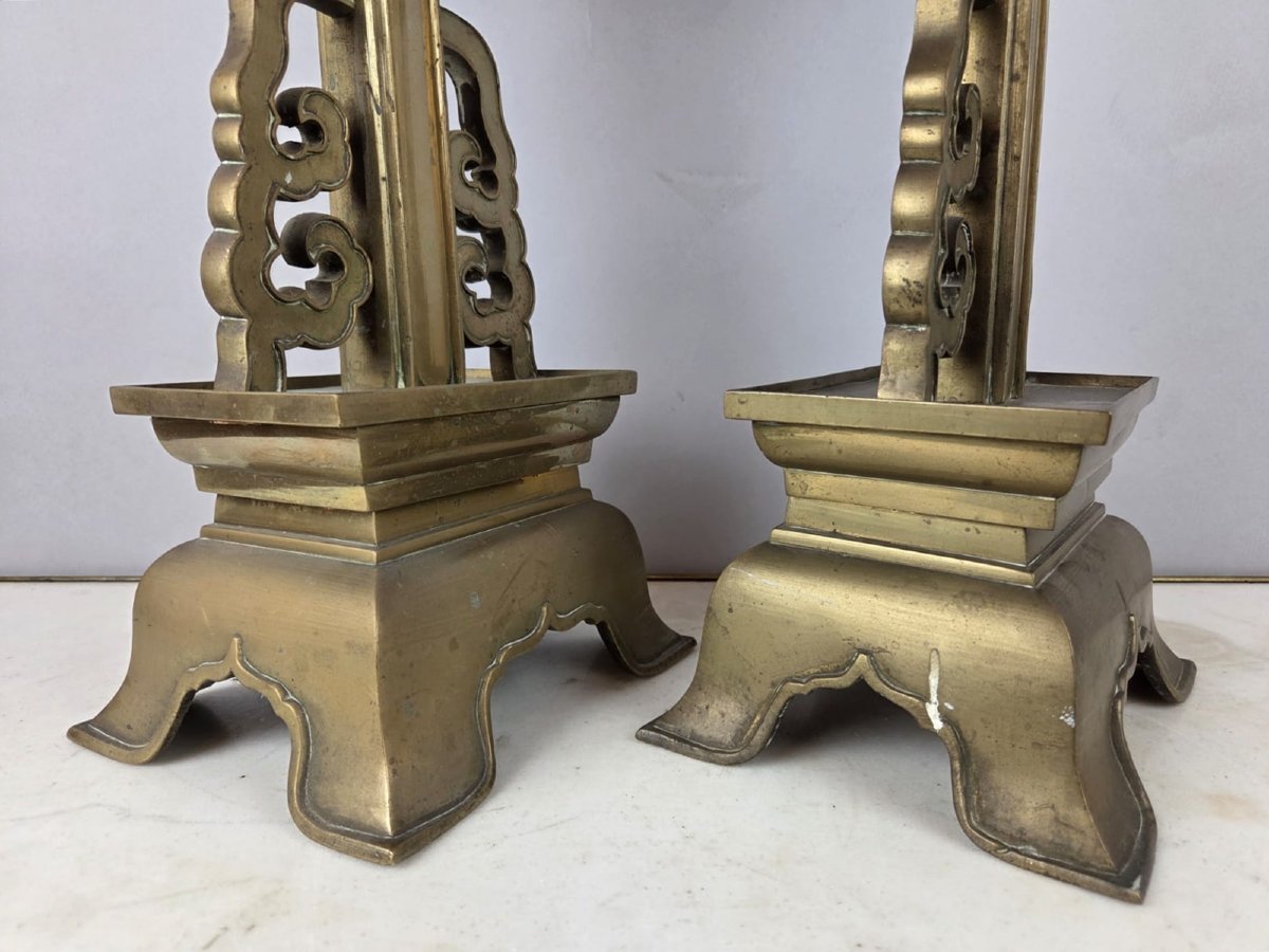 Pair Of Large Bronze Candlesticks, Chinese Work, Late 19th Century-photo-3