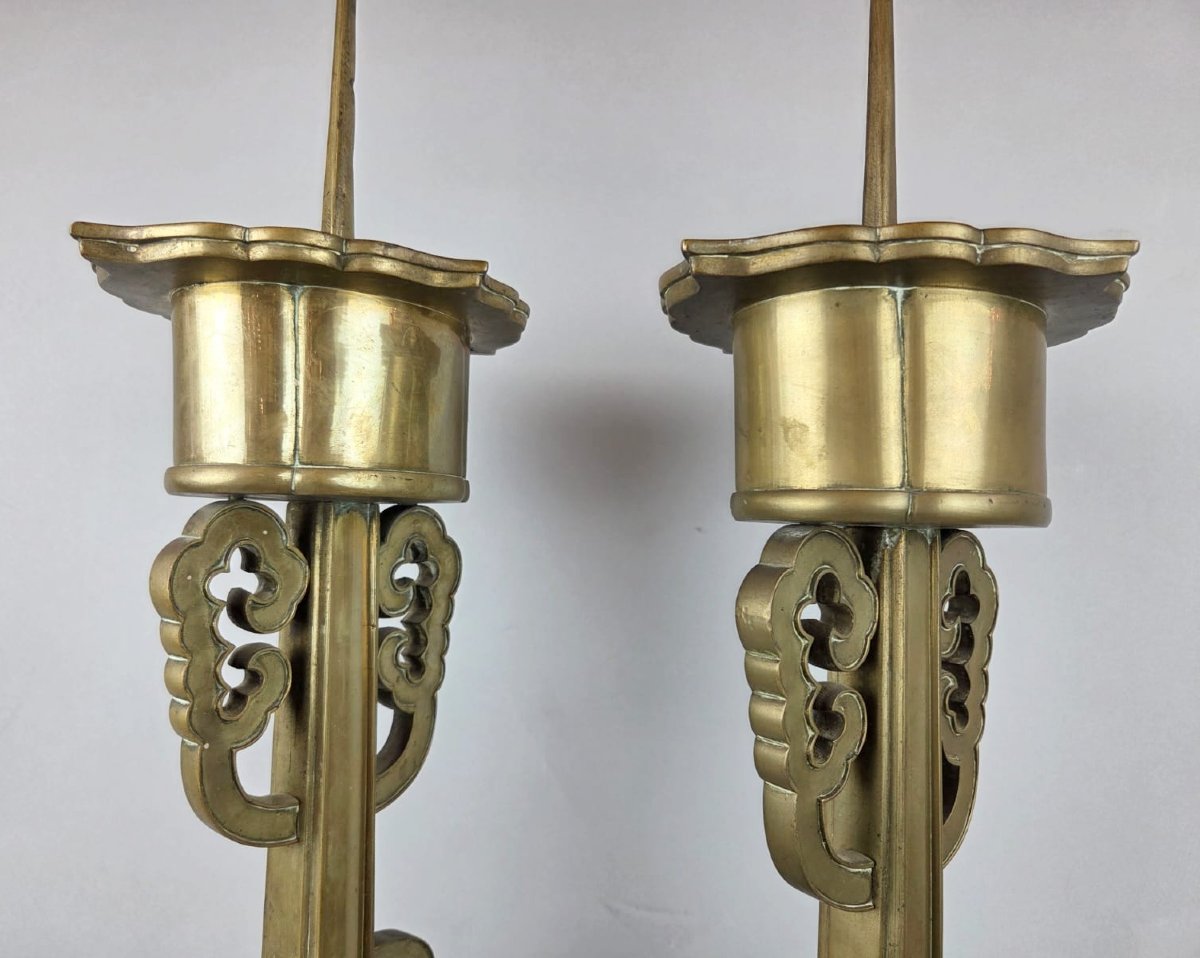 Pair Of Large Bronze Candlesticks, Chinese Work, Late 19th Century-photo-4