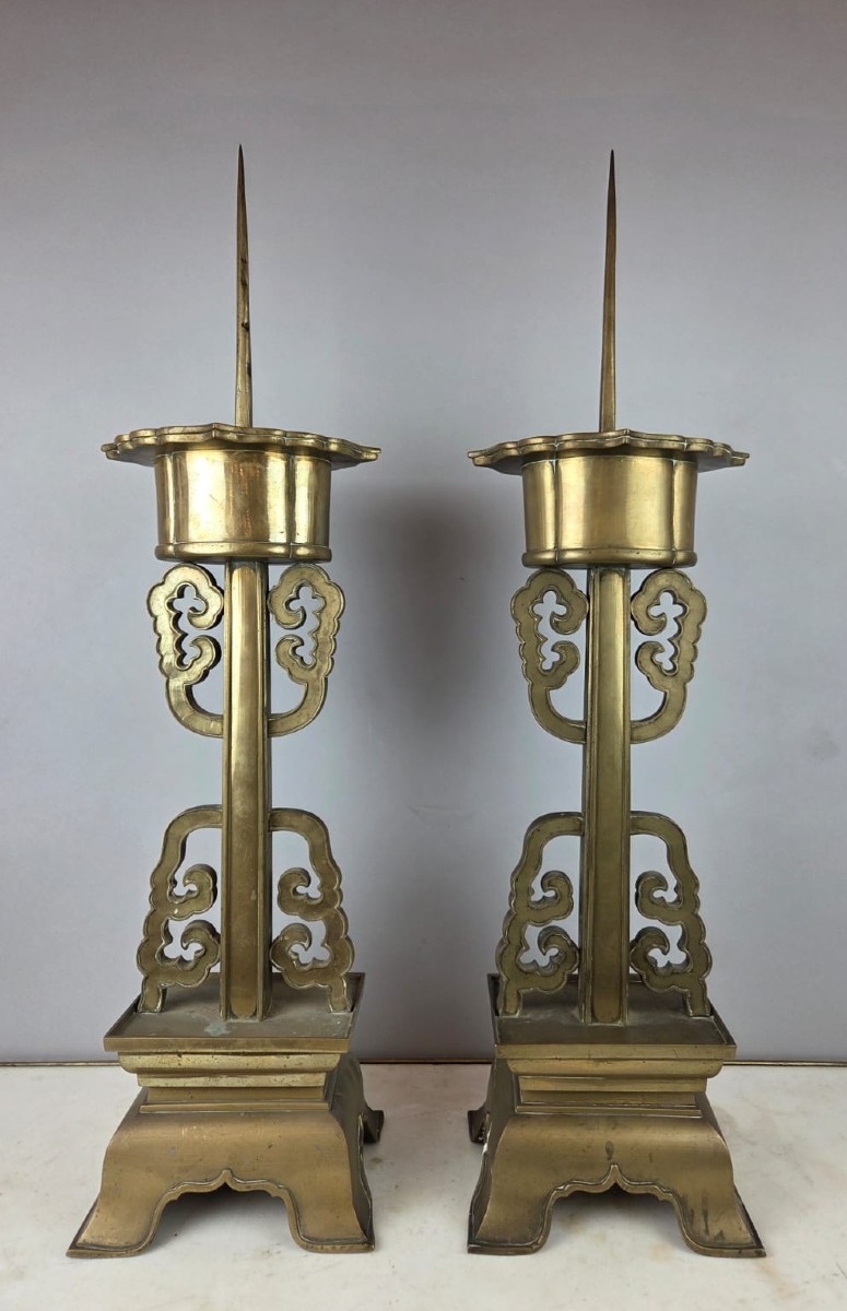 Pair Of Large Bronze Candlesticks, Chinese Work, Late 19th Century