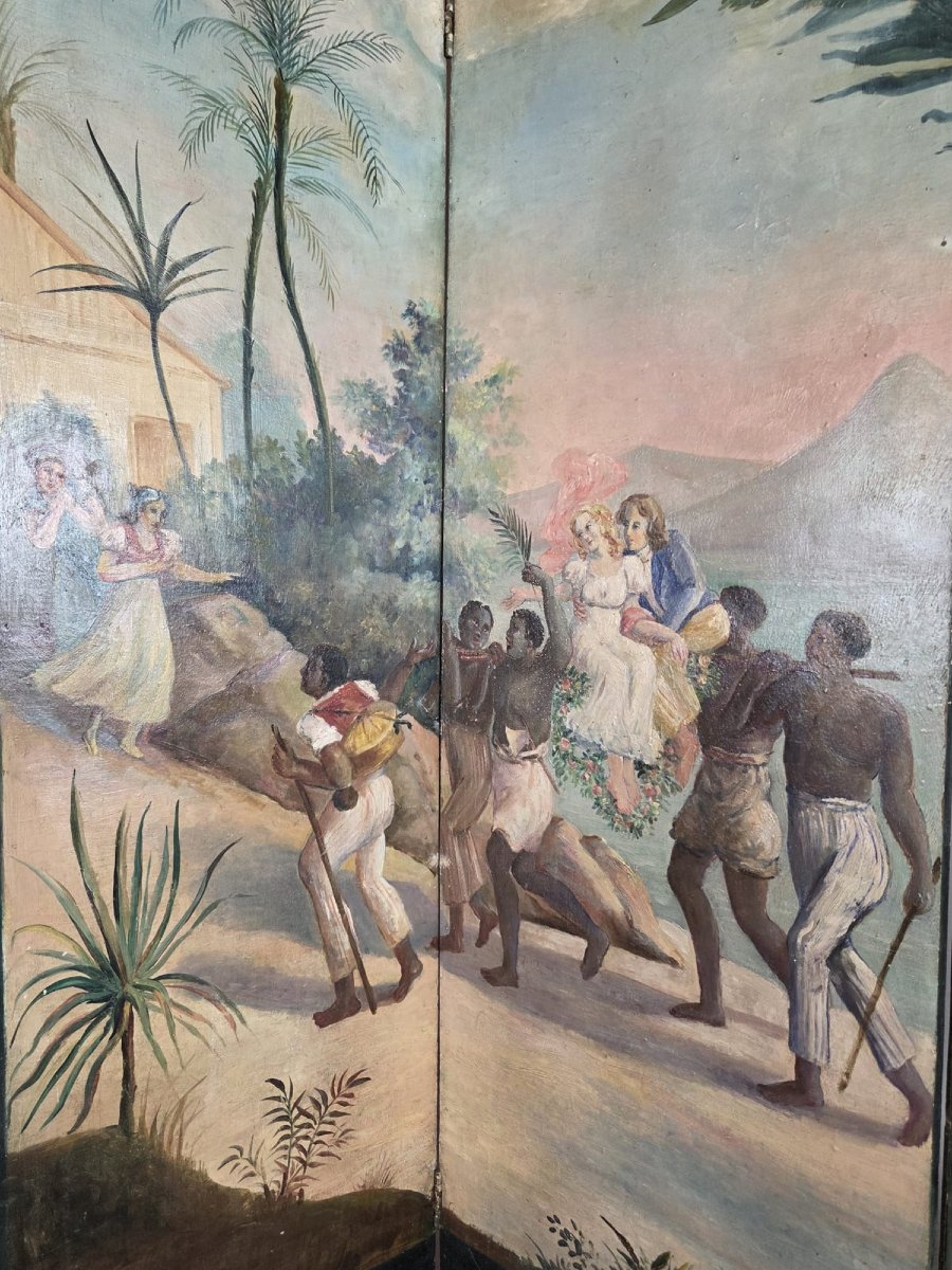 Painted Screen Representing "paul And Virginie" French Work, Early 20th Century-photo-2