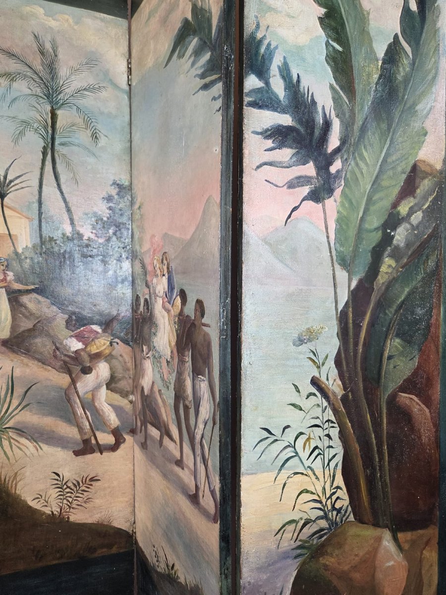 Painted Screen Representing "paul And Virginie" French Work, Early 20th Century-photo-3