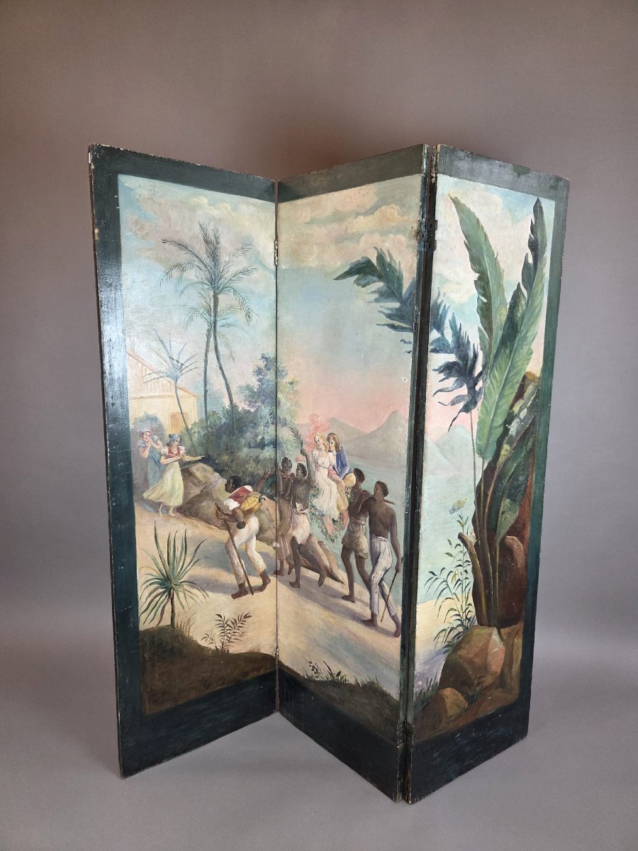 Painted Screen Representing "paul And Virginie" French Work, Early 20th Century-photo-4