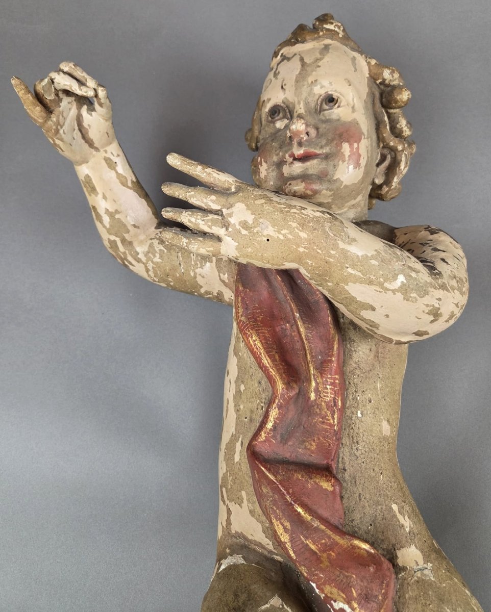 Pair Of Large Carved And Polychromed Wooden Cherubs, 18th Century-photo-4