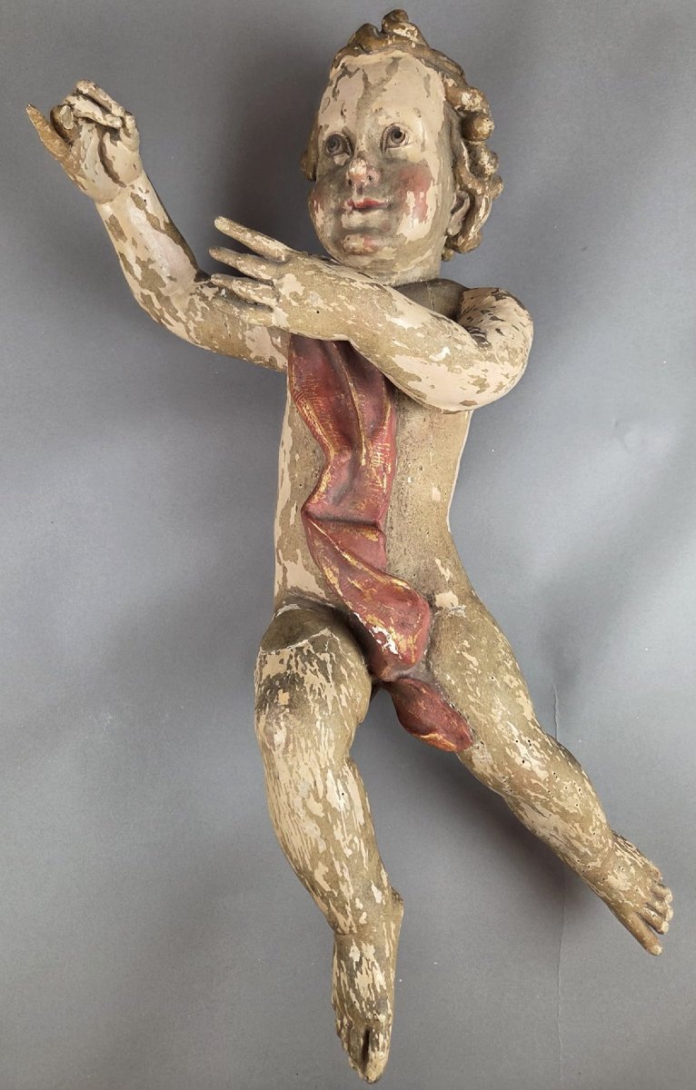 Pair Of Large Carved And Polychromed Wooden Cherubs, 18th Century-photo-2