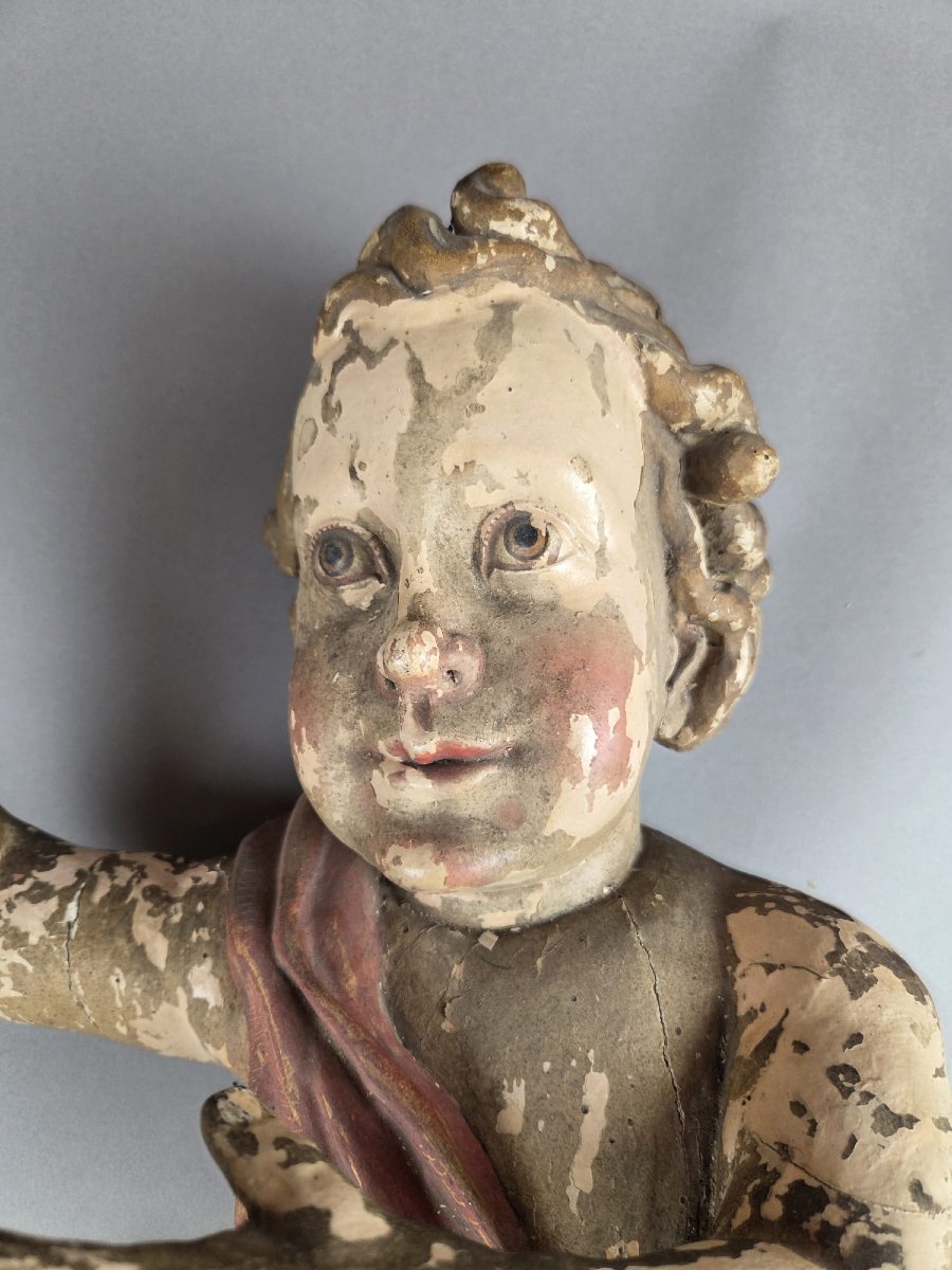 Pair Of Large Carved And Polychromed Wooden Cherubs, 18th Century-photo-3