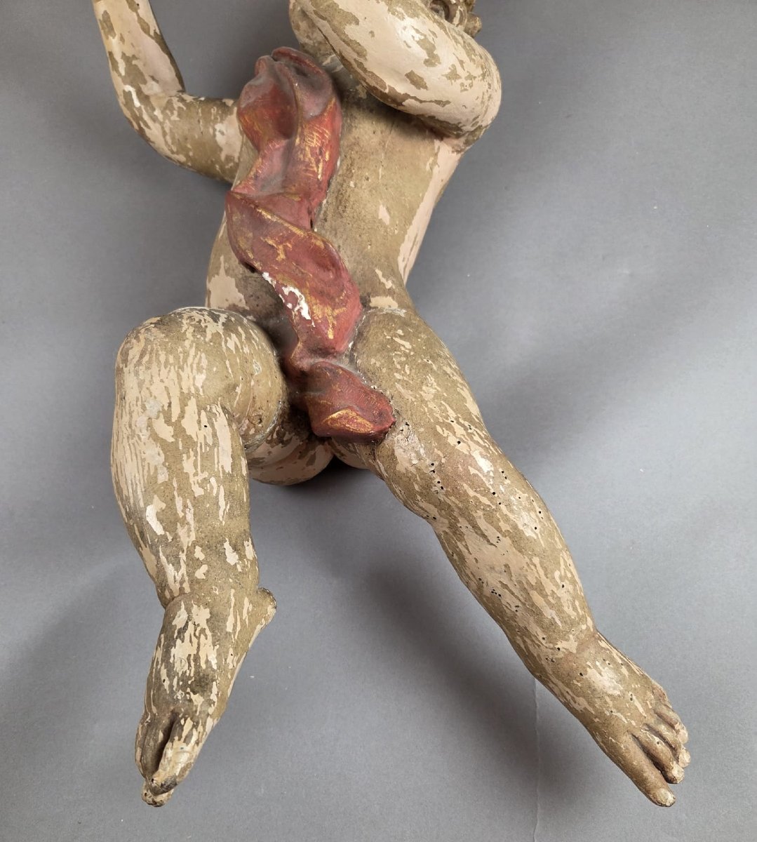 Pair Of Large Carved And Polychromed Wooden Cherubs, 18th Century-photo-6