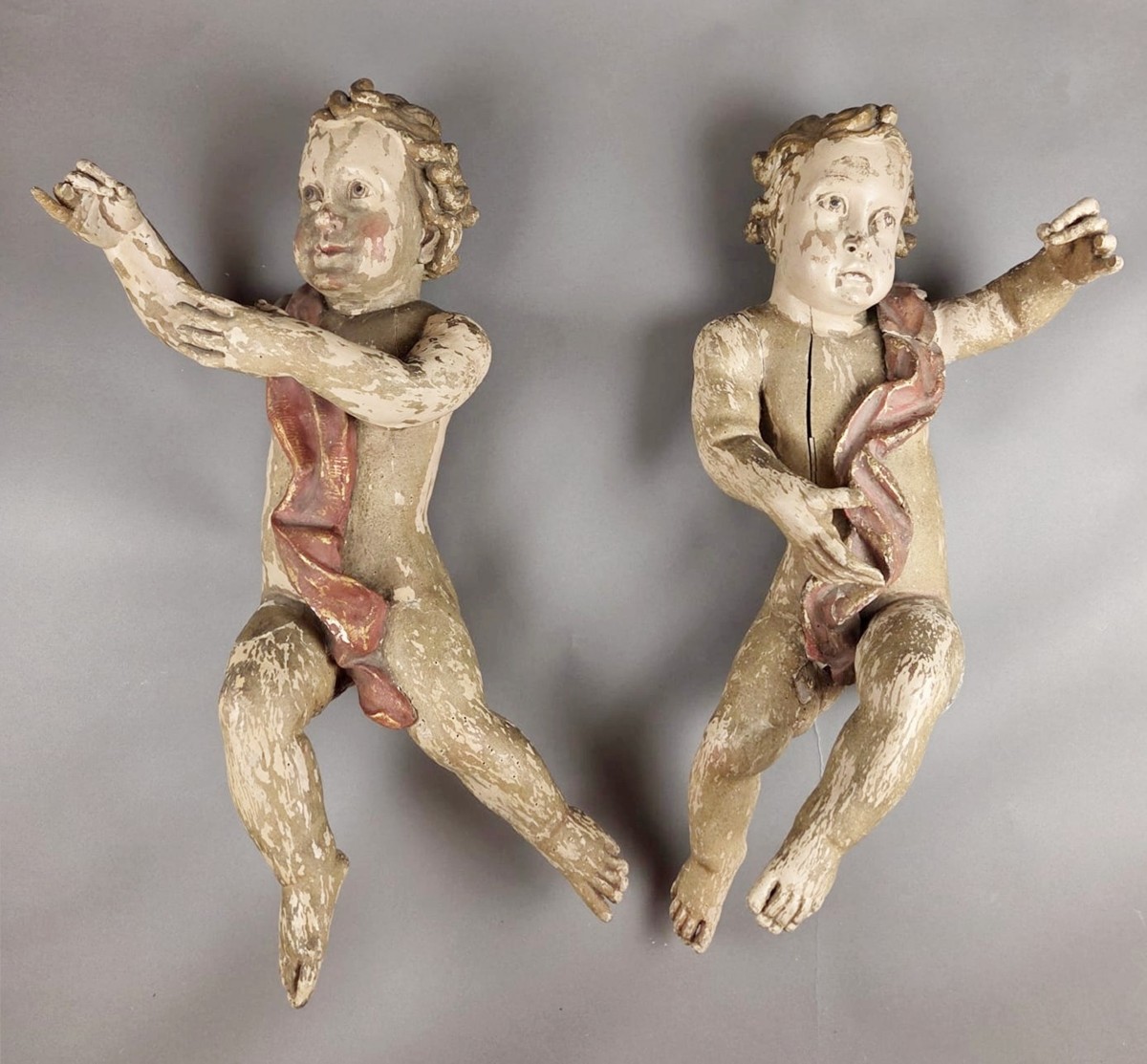 Pair Of Large Carved And Polychromed Wooden Cherubs, 18th Century