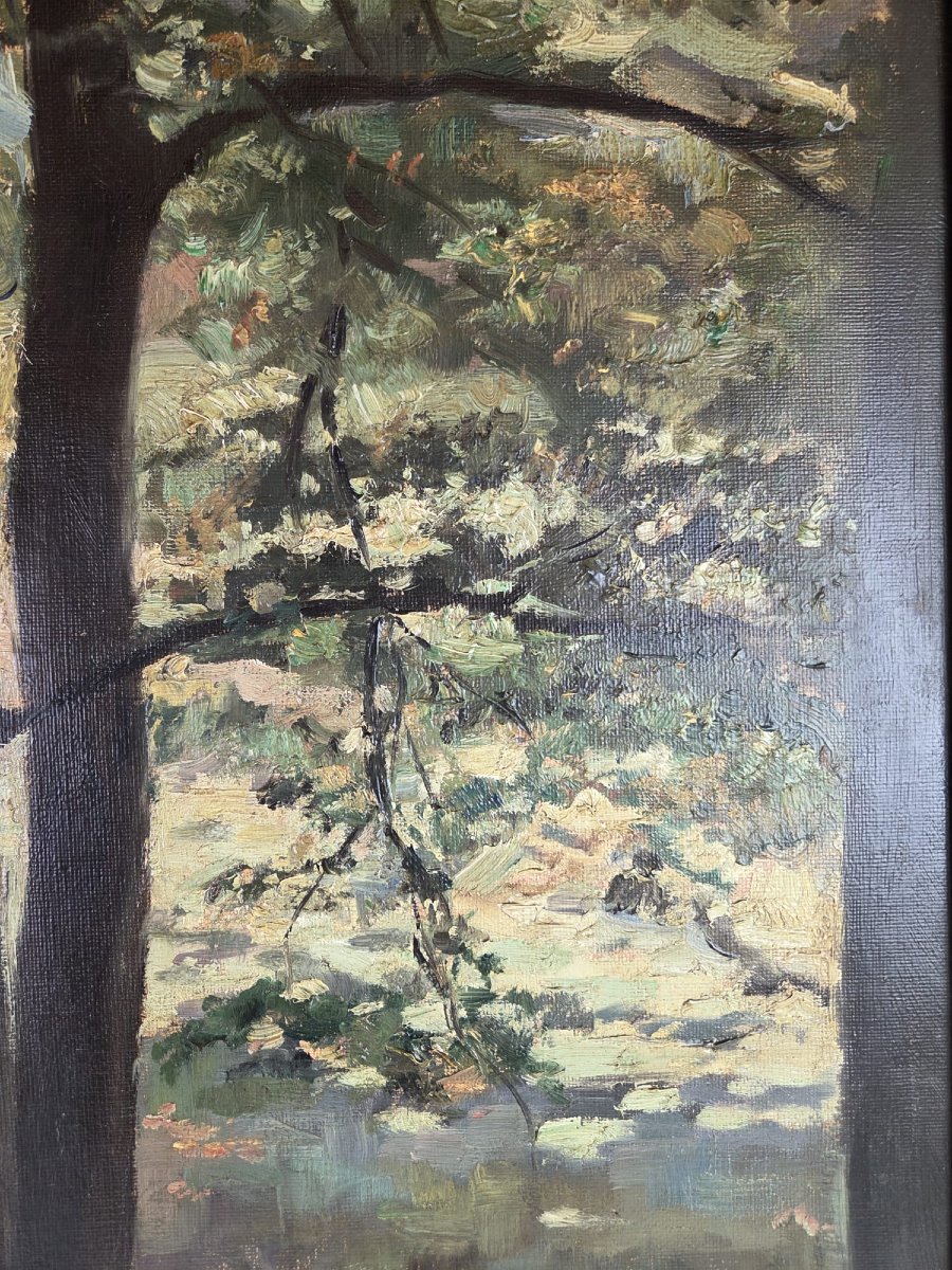 Max Moreau, Huile sur toile "Sous bois animé" 1924-photo-3