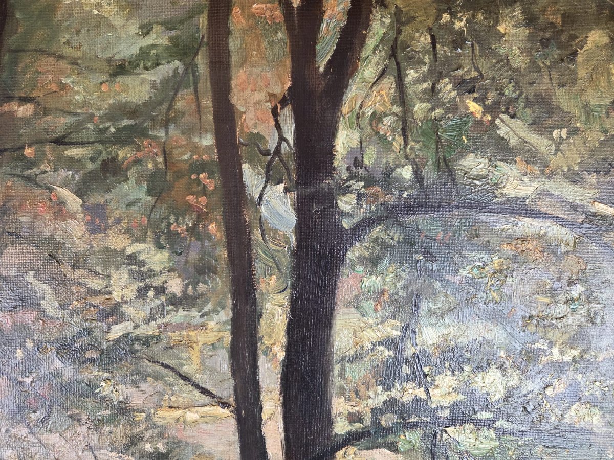 Max Moreau, Huile sur toile "Sous bois animé" 1924-photo-4