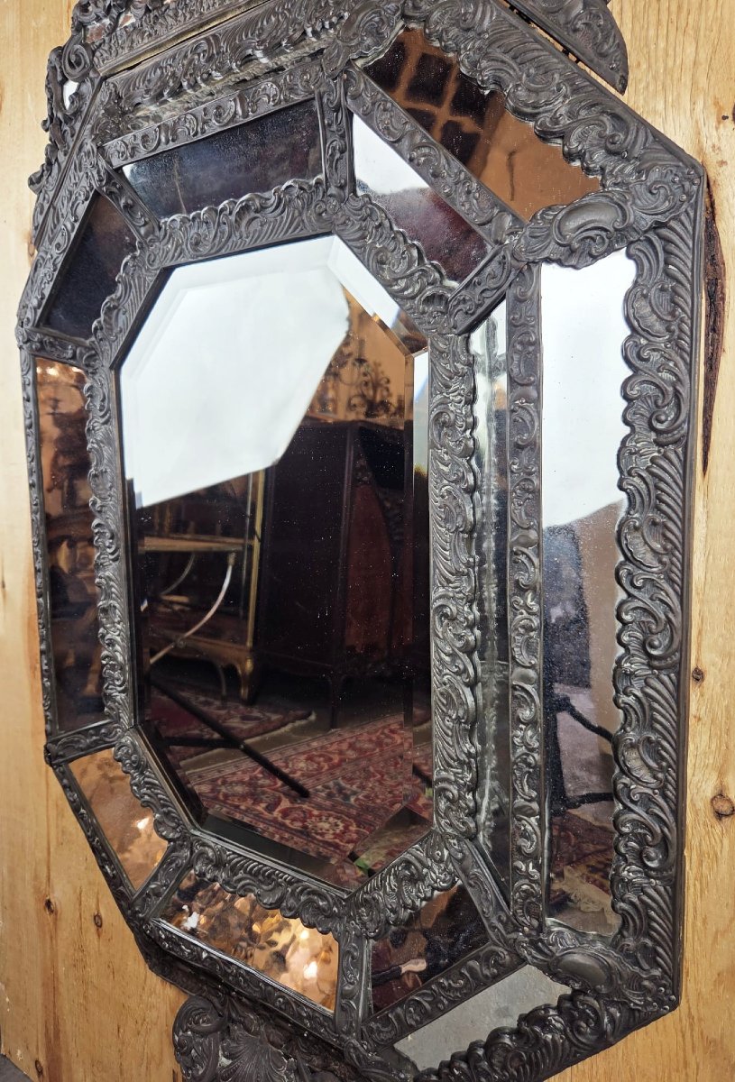 Mirror With Embossed Wood And Copper Bead, 20th Century-photo-3