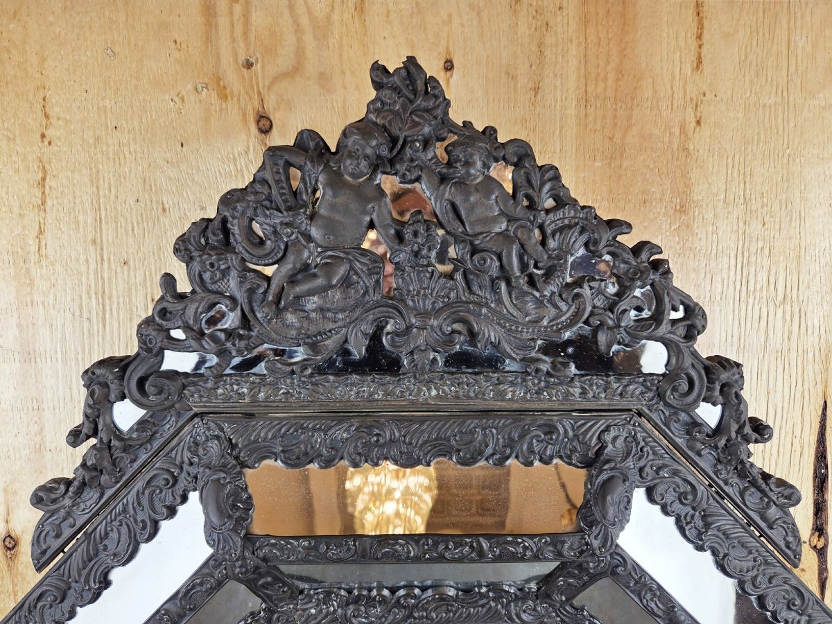 Mirror With Embossed Wood And Copper Bead, 20th Century-photo-2