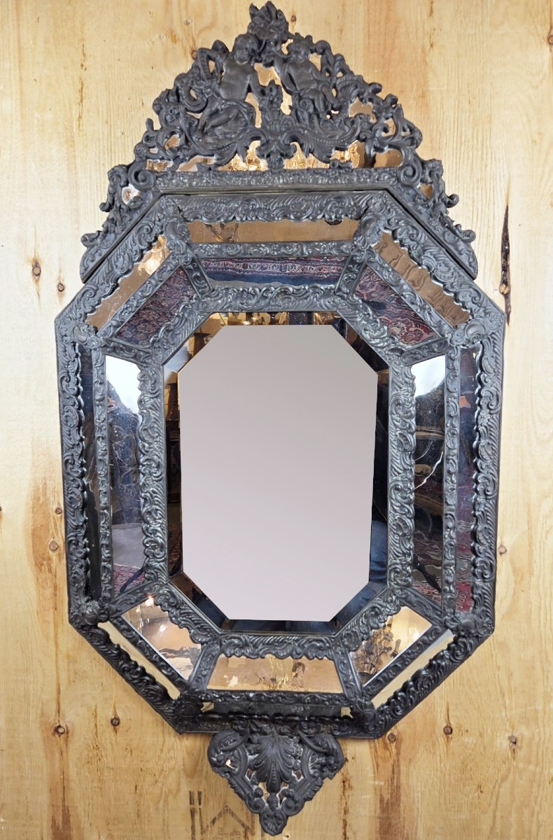 Mirror With Embossed Wood And Copper Bead, 20th Century