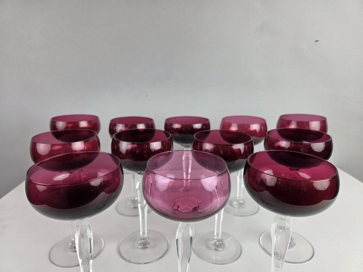 Set Of 12 Red-lined Crystal Glasses From Val Saint Lambert-photo-2