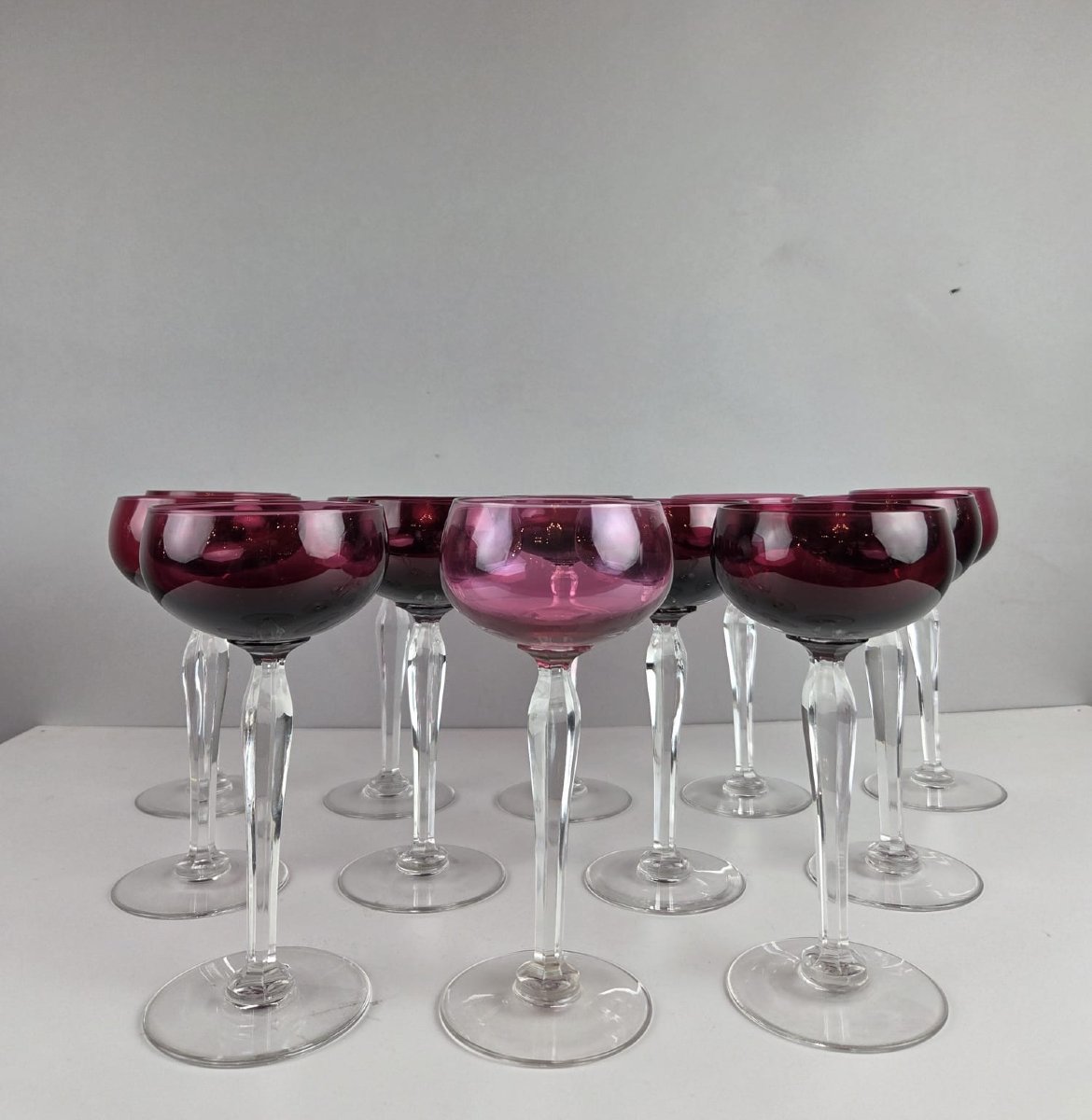 Set Of 12 Red-lined Crystal Glasses From Val Saint Lambert-photo-3