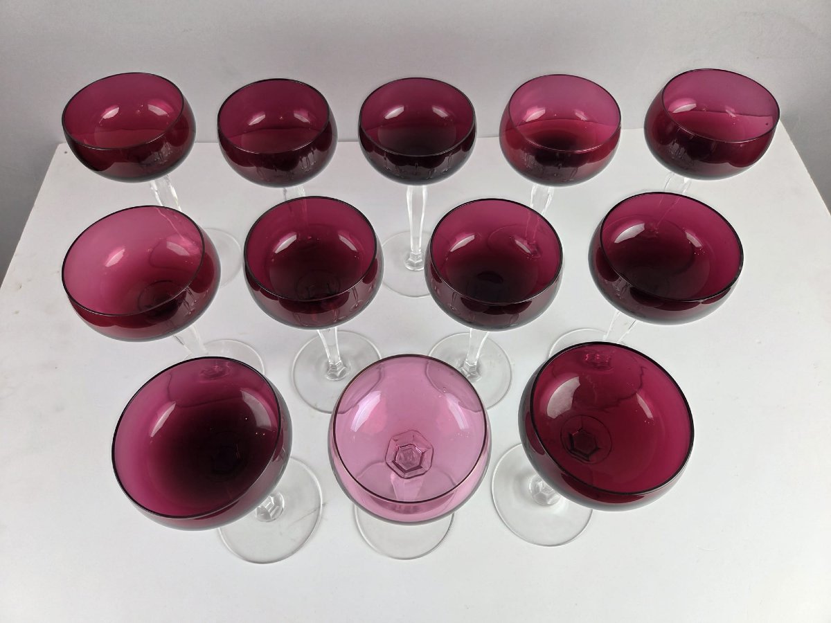 Set Of 12 Red-lined Crystal Glasses From Val Saint Lambert-photo-4