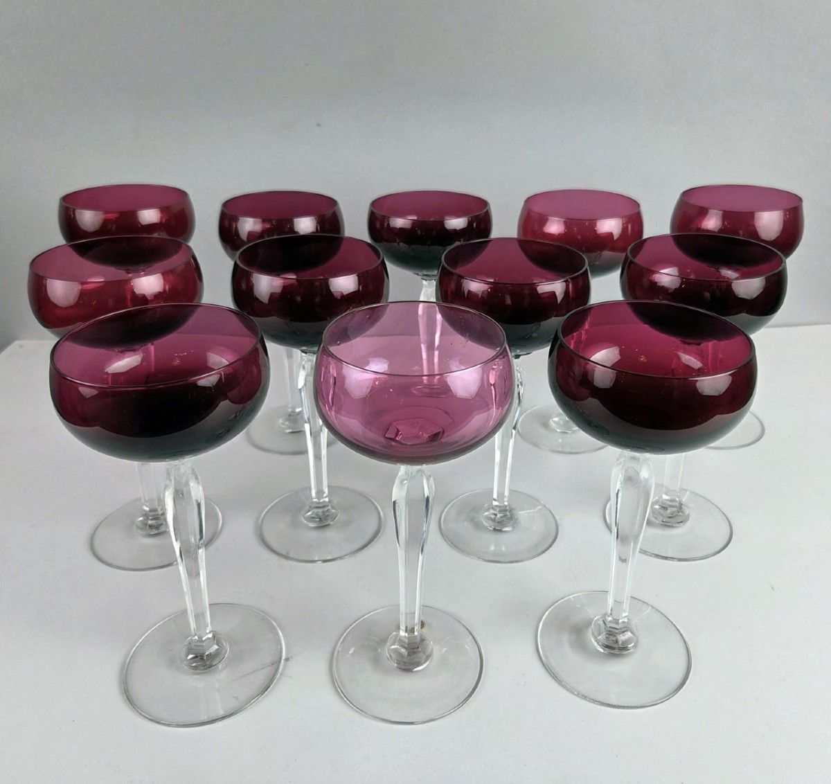 Set Of 12 Red-lined Crystal Glasses From Val Saint Lambert