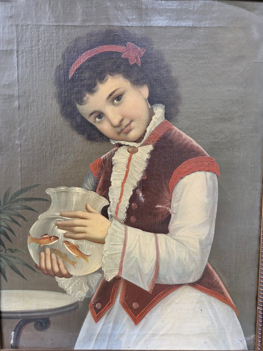 Huile sur toile "Jeune fille à l'aquarium", début 20th-photo-2