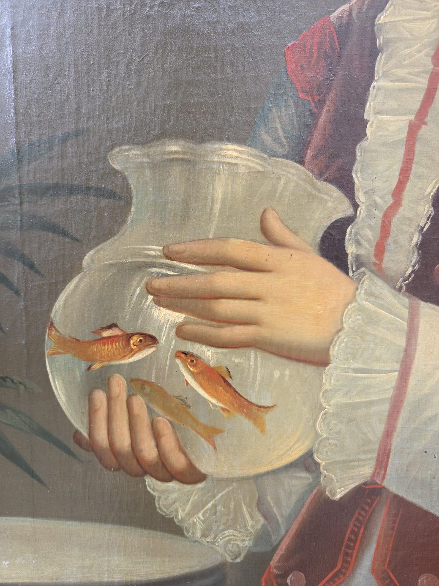 Huile sur toile "Jeune fille à l'aquarium", début 20th-photo-3