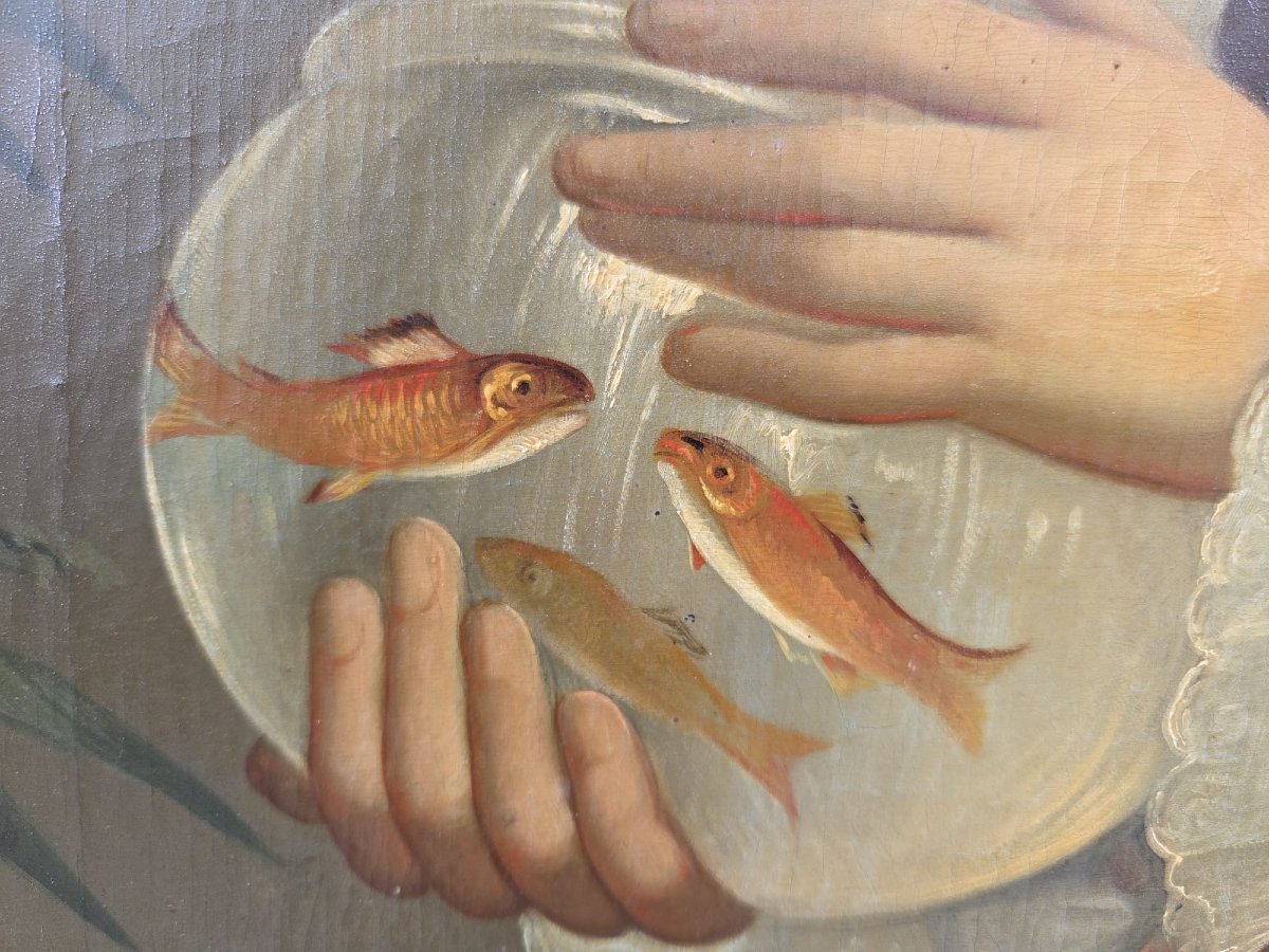 Huile sur toile "Jeune fille à l'aquarium", début 20th-photo-3