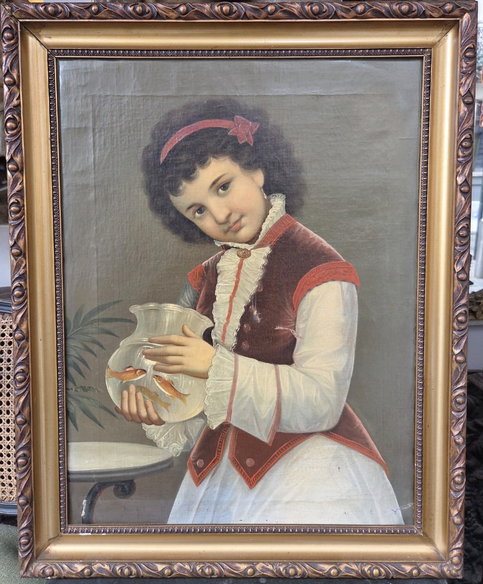 Huile sur toile "Jeune fille à l'aquarium", début 20th
