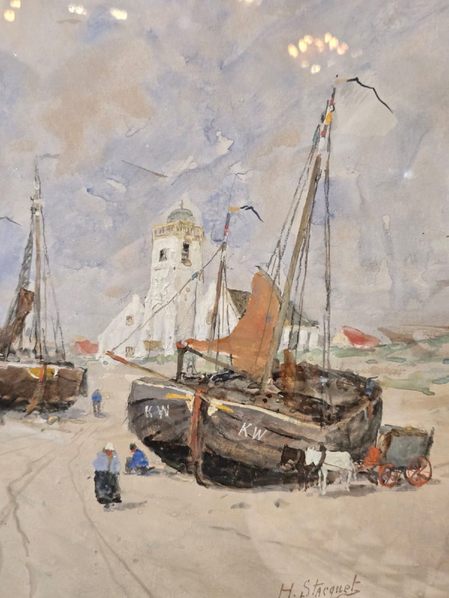 Watercolor "lively Beach", H. Stacquet, 19th  -photo-2