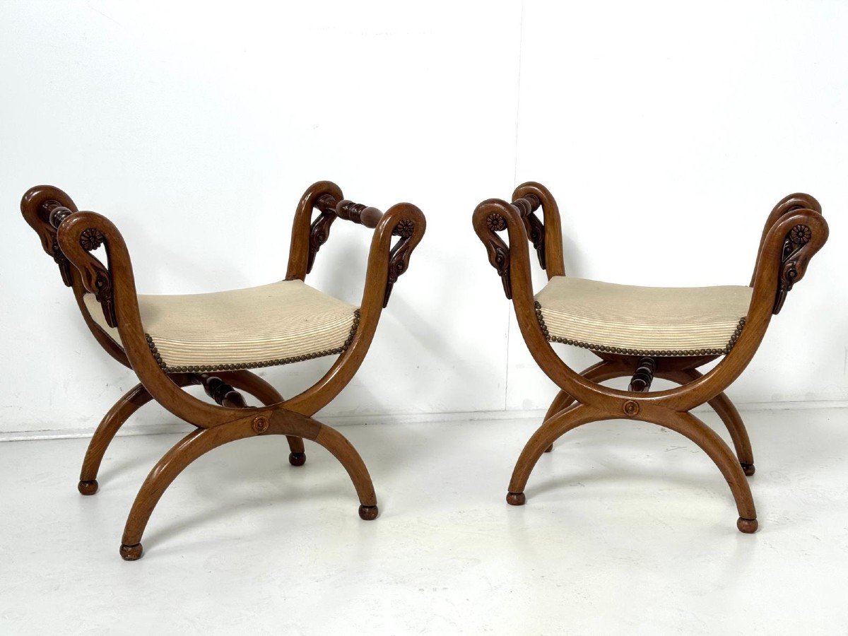 Pair Of Mahogany Swan-neck Stools, Early 19th Century