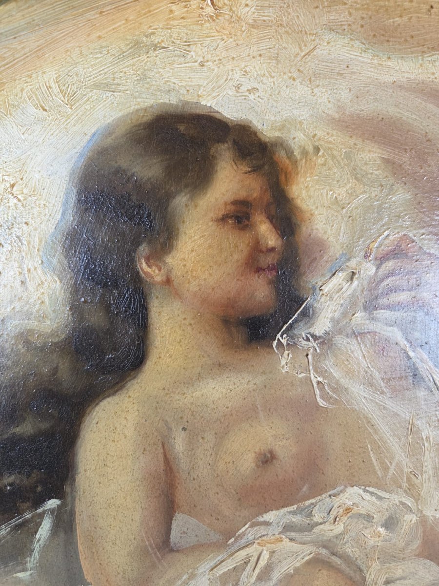 Huile sur panneau "Femme allongée" monogrammé, vers 1900-photo-2