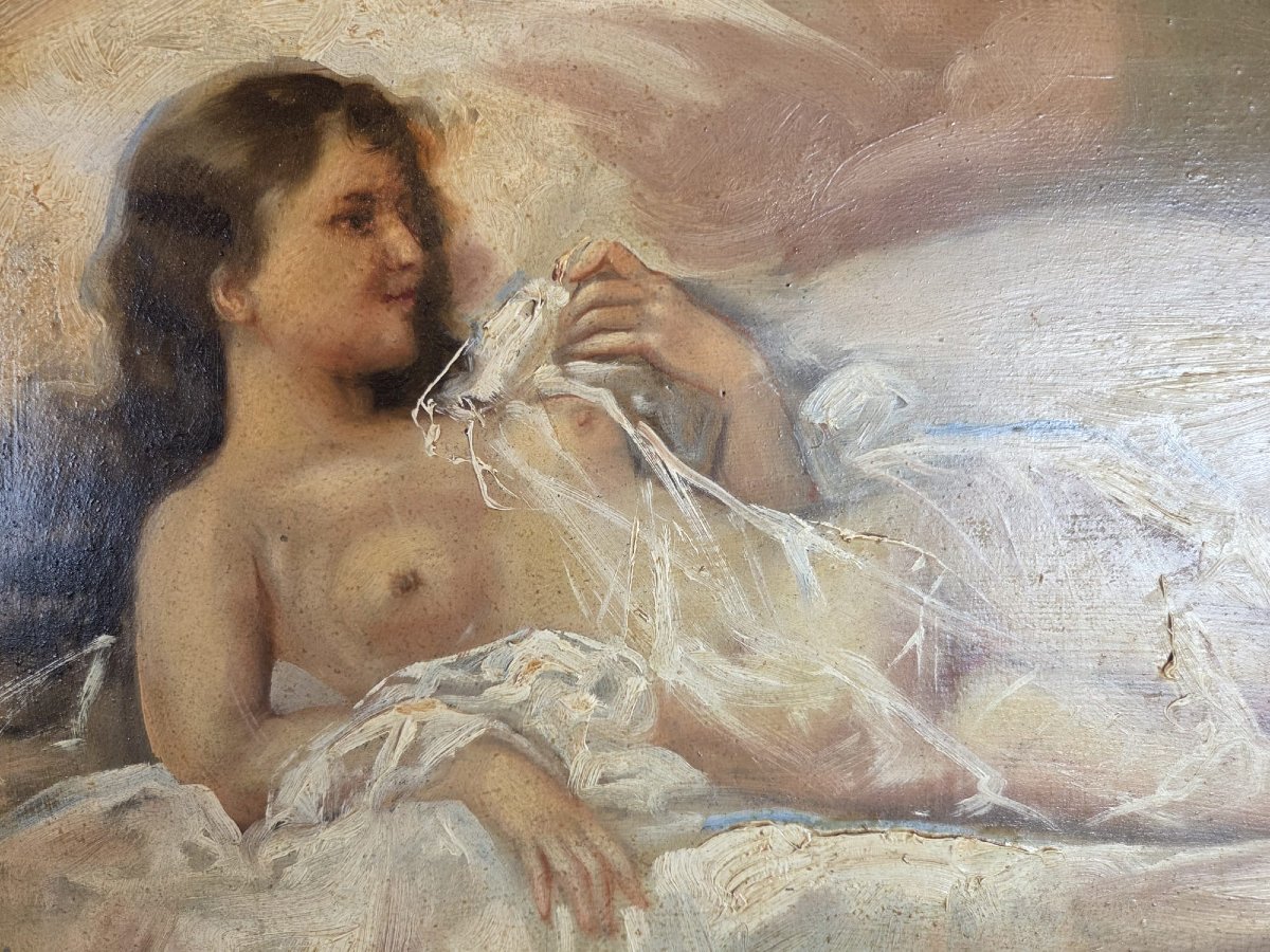 Huile sur panneau "Femme allongée" monogrammé, vers 1900-photo-3