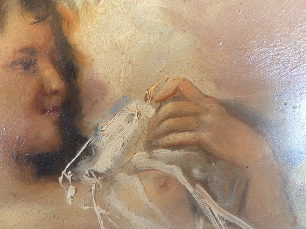 Huile sur panneau "Femme allongée" monogrammé, vers 1900-photo-2