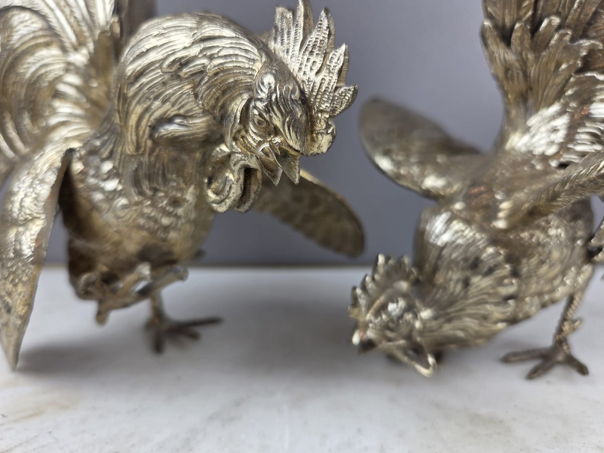 Silver-plated Bronze Cockfight, Early 20th Century-photo-2