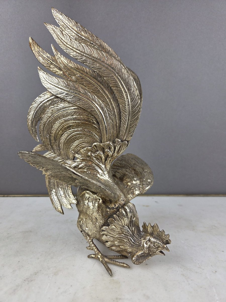 Silver-plated Bronze Cockfight, Early 20th Century-photo-3