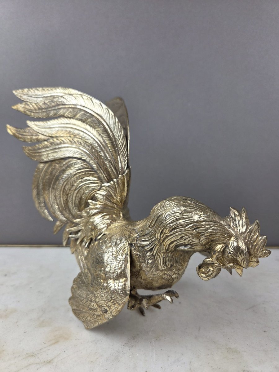 Silver-plated Bronze Cockfight, Early 20th Century-photo-4
