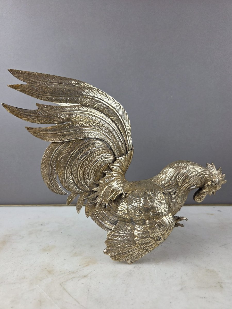 Silver-plated Bronze Cockfight, Early 20th Century-photo-5