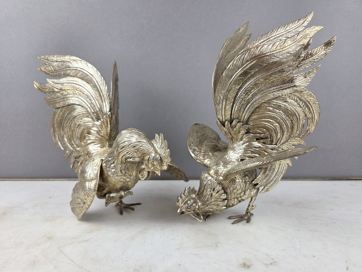 Silver-plated Bronze Cockfight, Early 20th Century