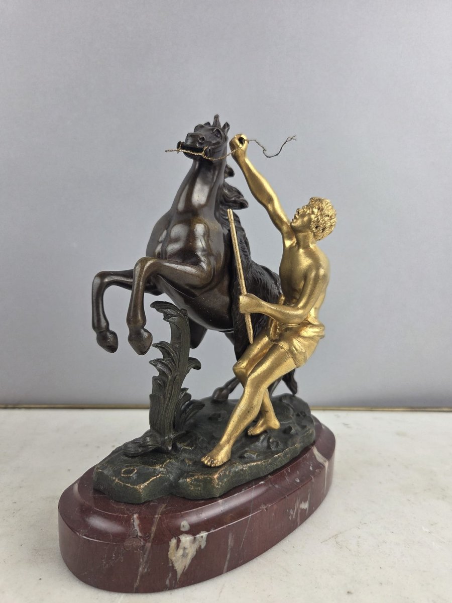 After Guillaume Coustou, "horses Of Marly" In Patinated And Gilded Bronze, 19th-photo-3