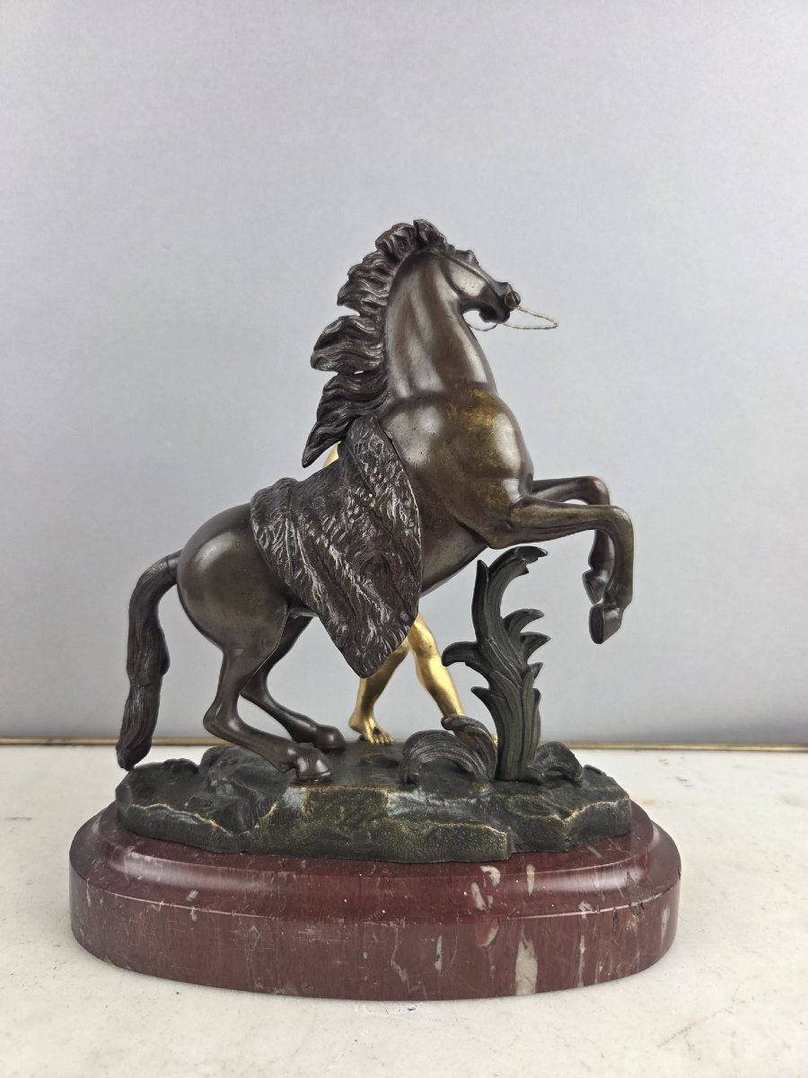 After Guillaume Coustou, "horses Of Marly" In Patinated And Gilded Bronze, 19th-photo-1